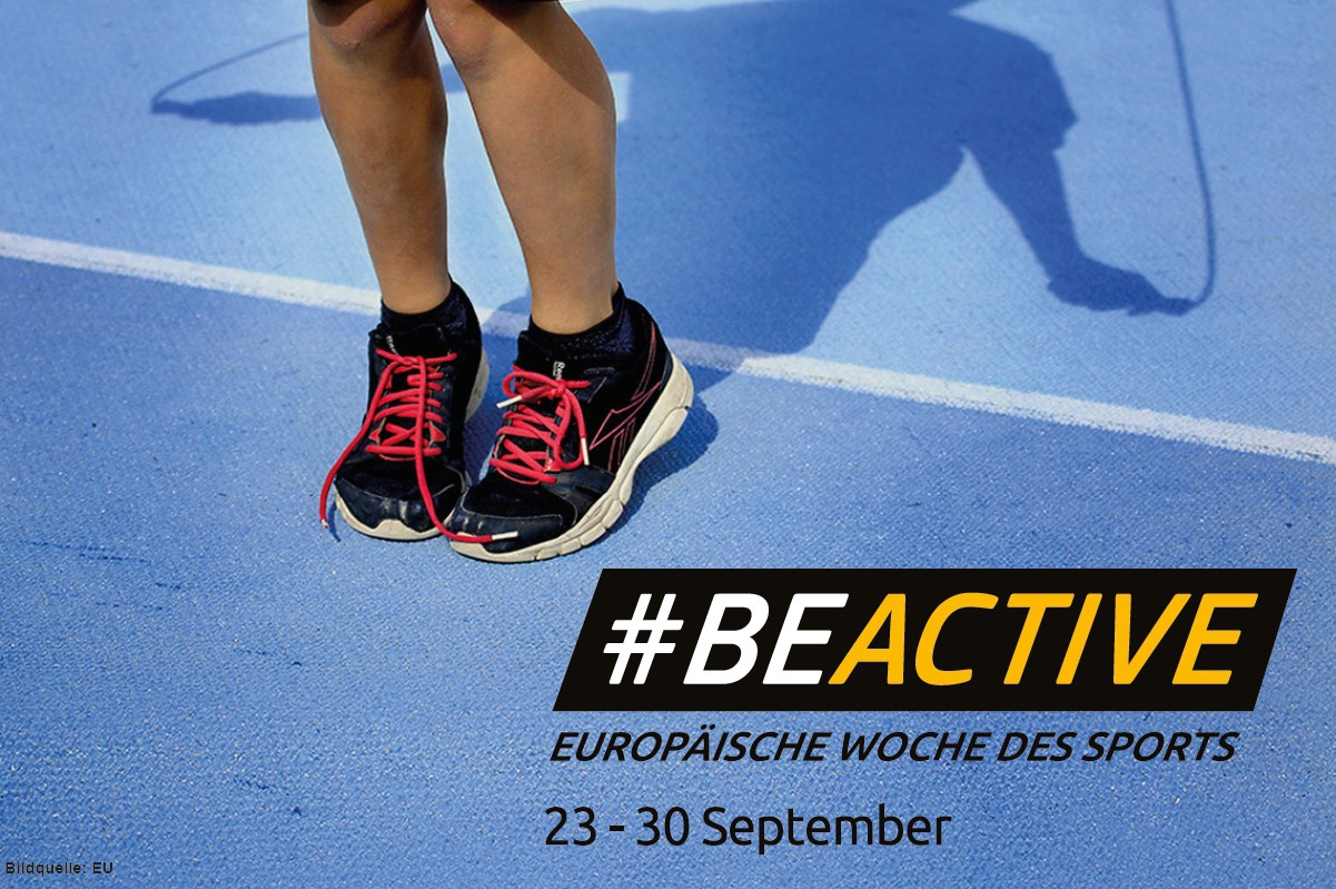 Grafik mit Logo von #BEACTIVE und einer Person, die Seil springt.