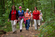 Frauen laufen im Wald.