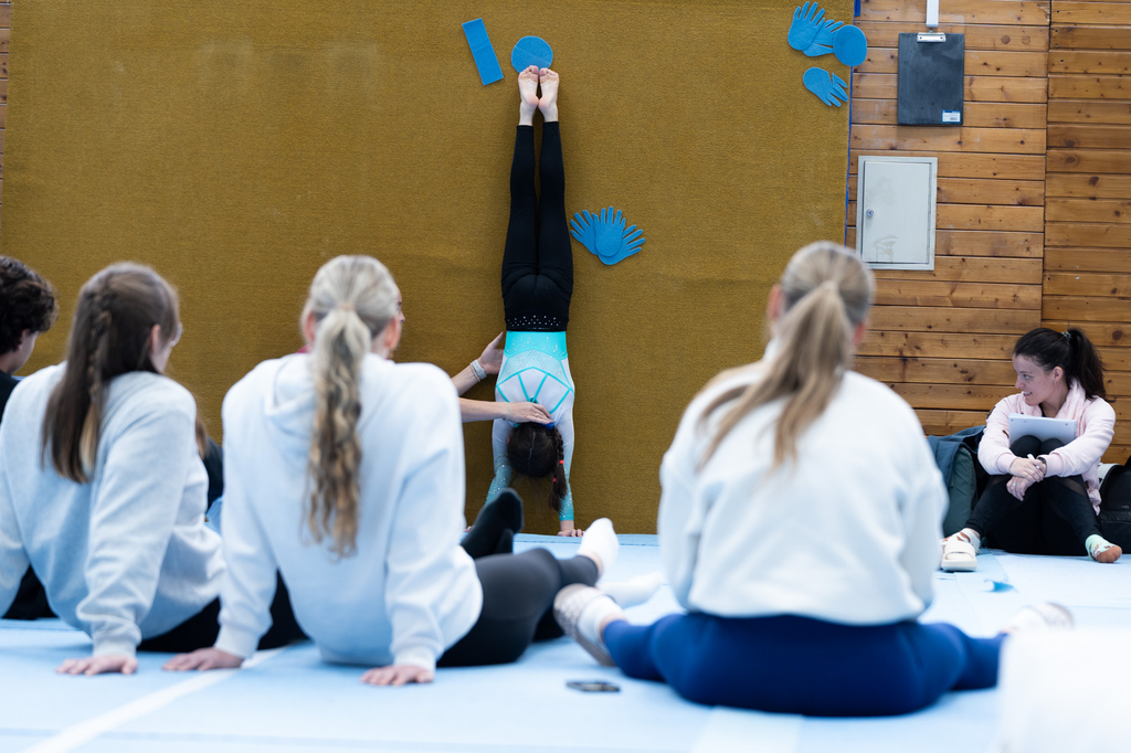 Eine Gruppe sitzt in einem Sitzkreis in einer Turnhalle.