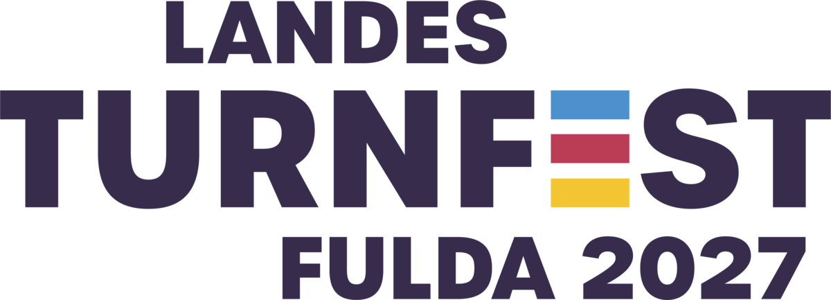 Logo des Landesturnfest 2027 mit den drei Farben blau, gelb und rot im E