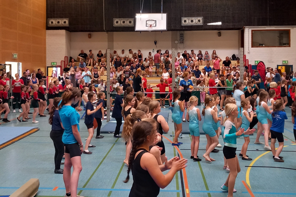 Eine Sporthalle voll mit Turnern und Turnerinnen.